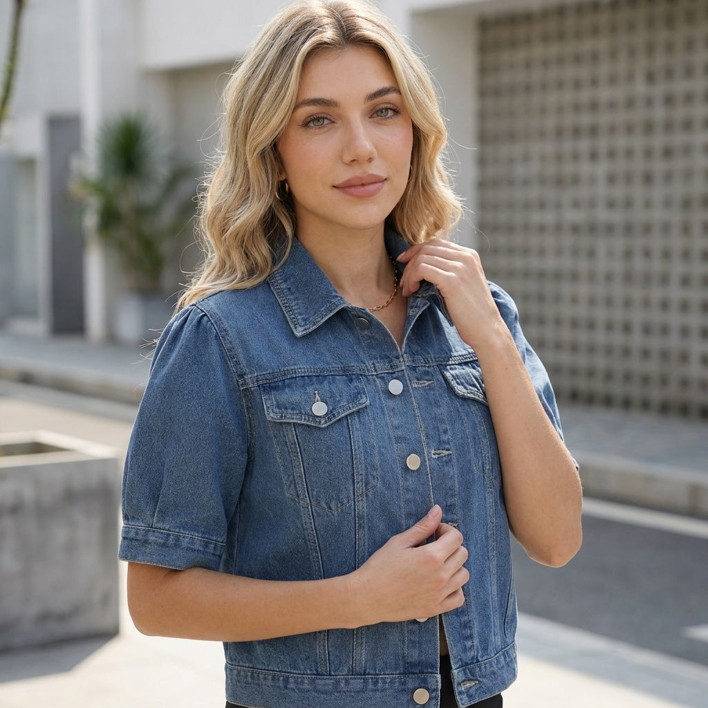 Women's Short-Sleeve Washed Denim Jacket
