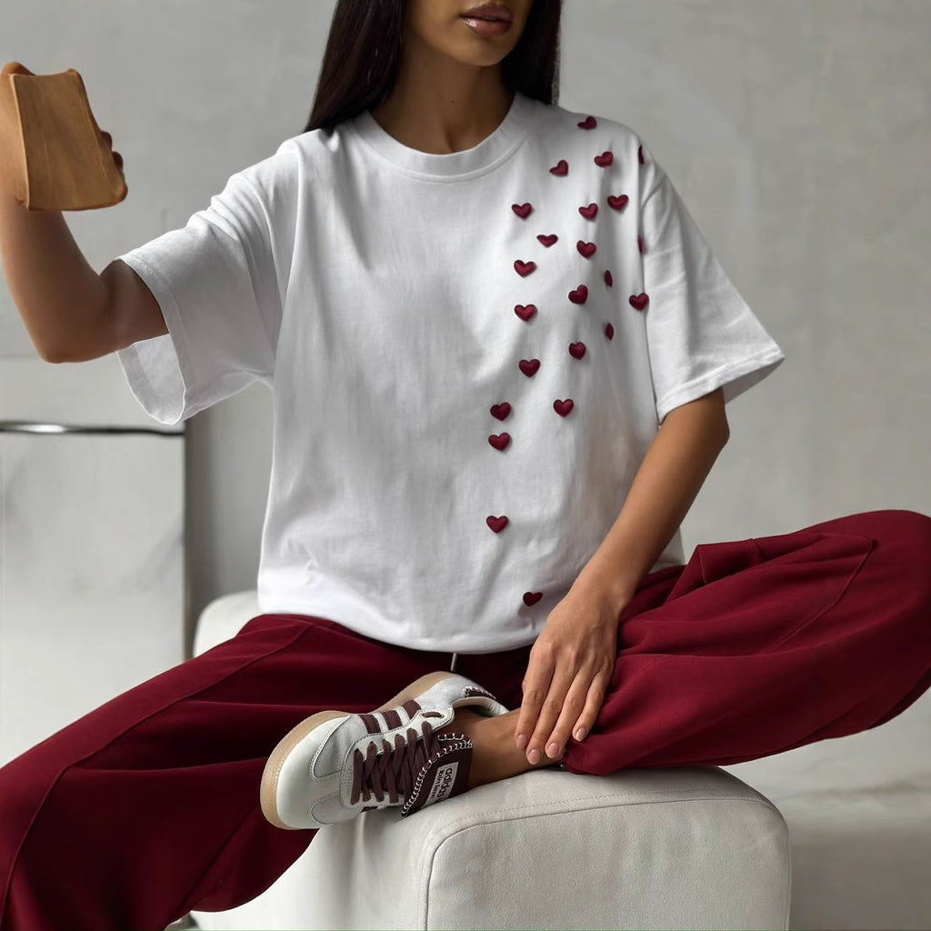 Women's Spring Summer Brand Printing Casual Short Sleeved Love Stickers Round Neck All Matching Solid Color T Shirt