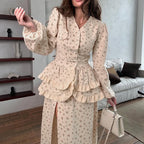 French Design Ruffled Waist Seal Printed V Neck Puff Sleeve