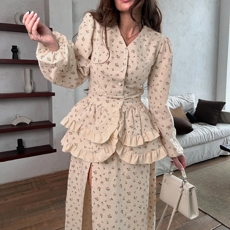 French Design Ruffled Waist Seal Printed V Neck Puff Sleeve