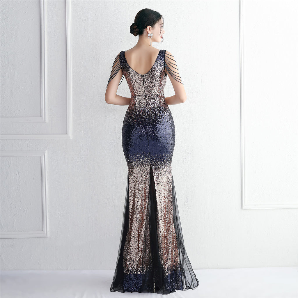 Women's Gradient Sequin Beaded Party Dress Long Cocktail Slim Fit Evening