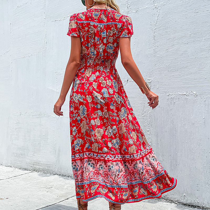 Summer Ethnic Holiday V-Neck Waist-Defined Midi Dress