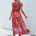 Summer Ethnic Holiday V-Neck Waist-Defined Midi Dress