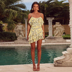 Vacation Casual Personalized Spaghetti-Strap Floral-Print Ruffled