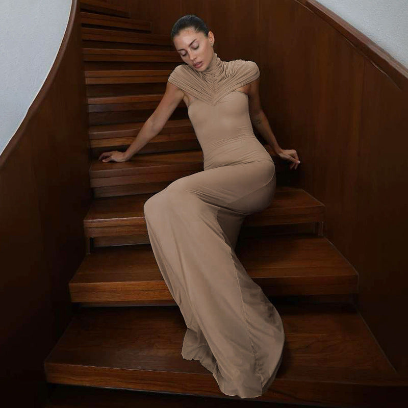 Women's Women Clothing Autumn Winter Elegant Sexy Slim Hollow Out Cutout Pleated Turtleneck Solid Color Dress