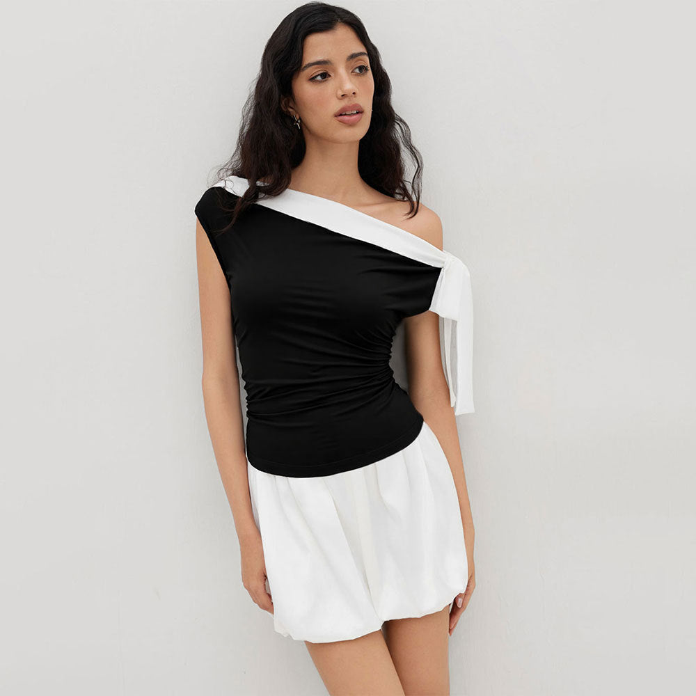 Women's Contrast Off-Shoulder Bow Top