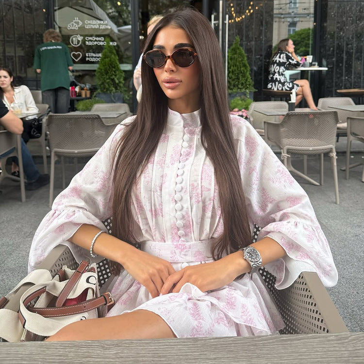 French Printed Lace-Up A-Line Dress
