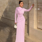 Women's Summer Elegant Slim Pleated Zipper round Neck Long Sleeved Dress