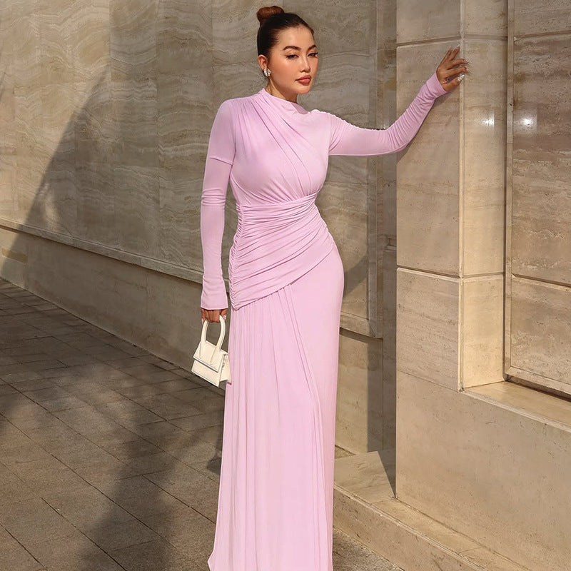 Women's Summer Elegant Slim Pleated Zipper round Neck Long Sleeved Dress