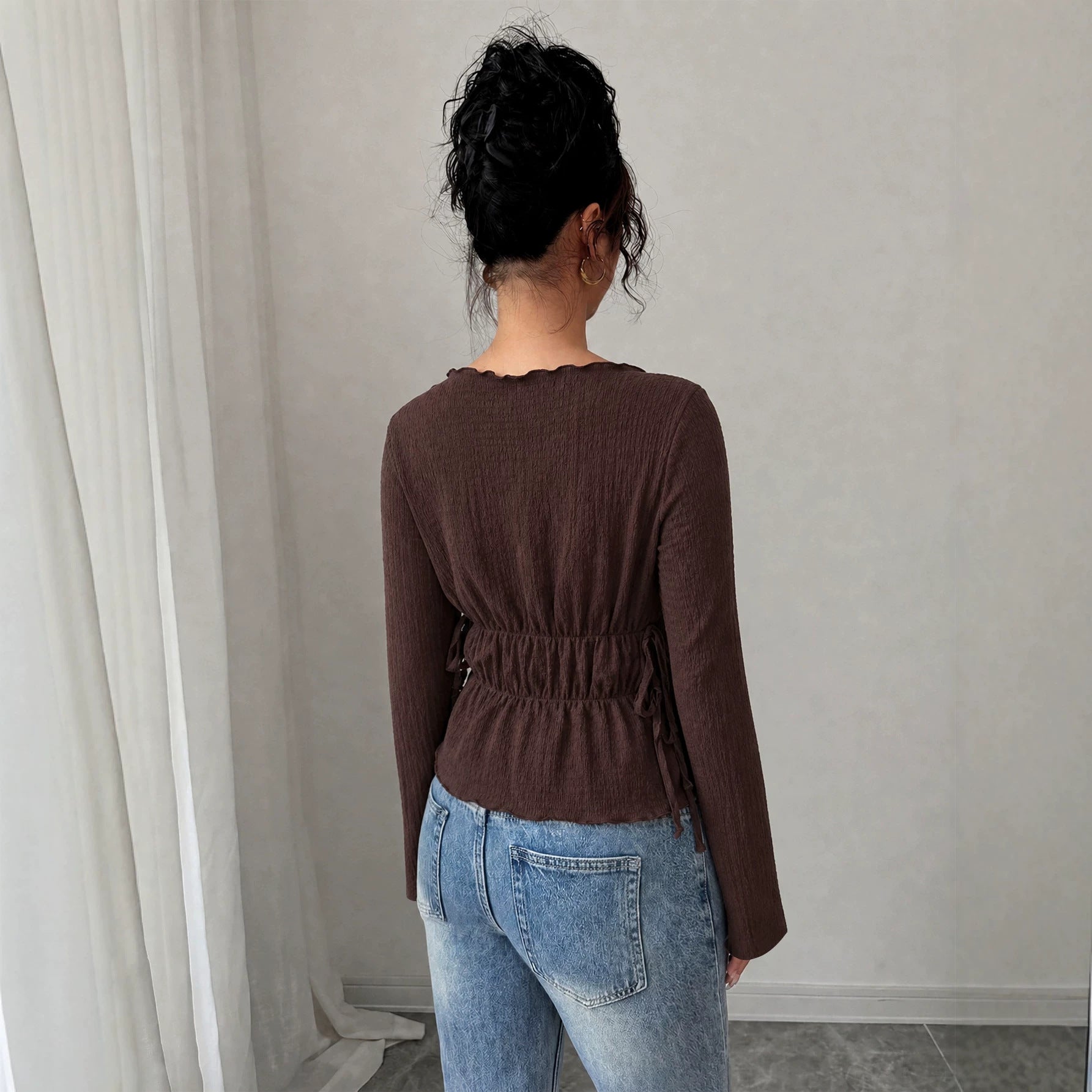 Women's Autumn Winter Elegant Texture Off Shoulder Top Women Waist Tight Slimming Flounce Long Sleeve T Shirt