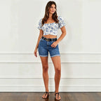 Square Collar Puff Sleeve Floral Short Top Women Back Strap