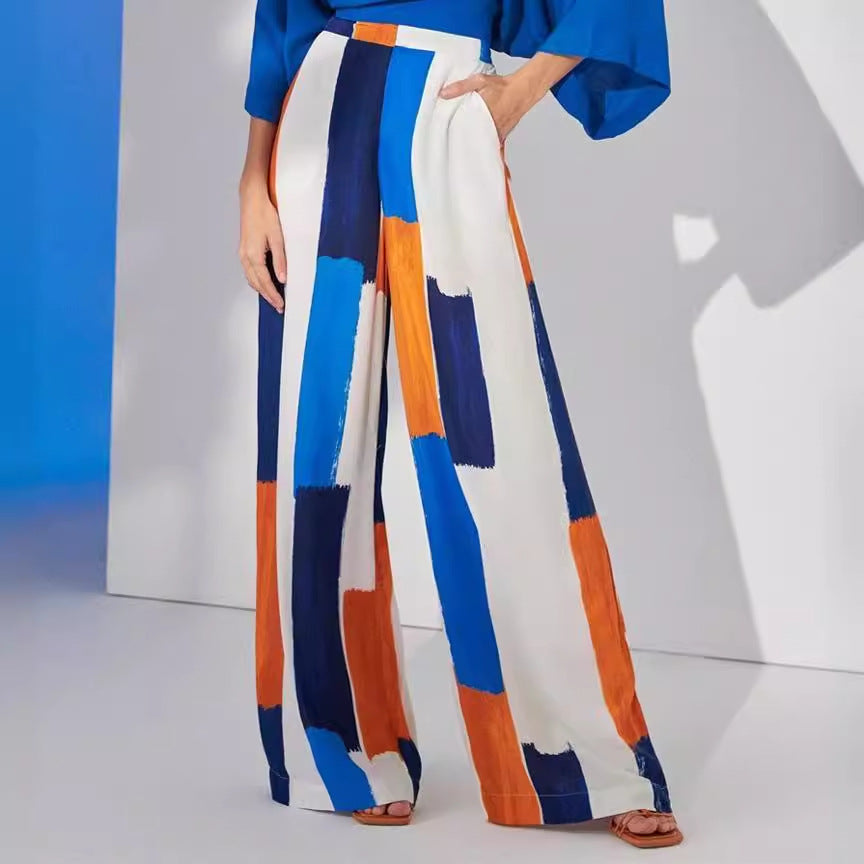 Women's Clothing Loose Office Blue Top High-Waisted Wide Leg Pants Sets