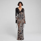 Women's Printed Mesh V-Neck Long Sleeve Maxi Dress