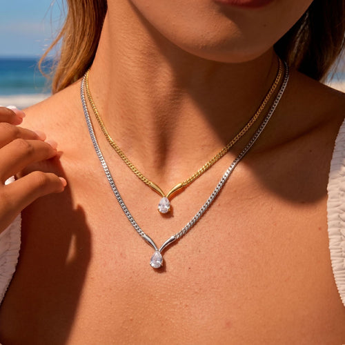 Stainless Steel V Shaped Elbow Water Drop Zircon Cuban Necklace Minimalist Thin Chain Office All Matching Clavicle Chain