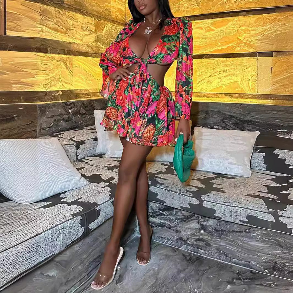 Women's Spring Summer Floral Deep V Plunge Bell Sleeve Two-Piece Set