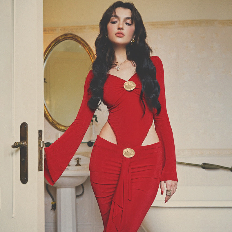 Women's Cropped Cutout Long-Sleeve Two-Piece Skirt Set
