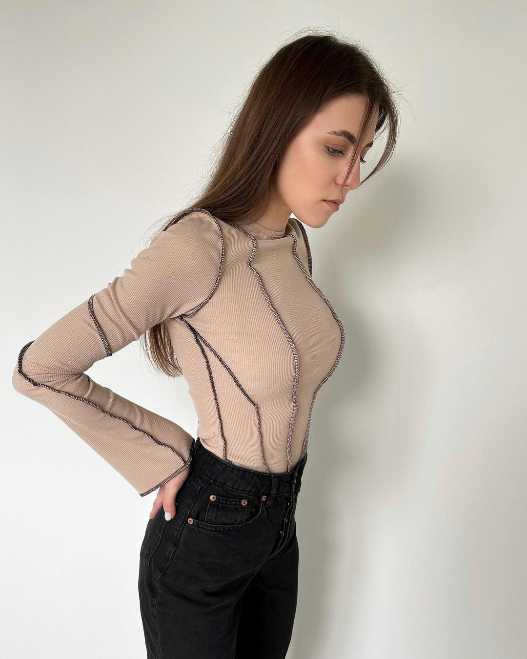 Women's Neck Bell Sleeve Sunken Stripe Top Bottoming Long Sleeve