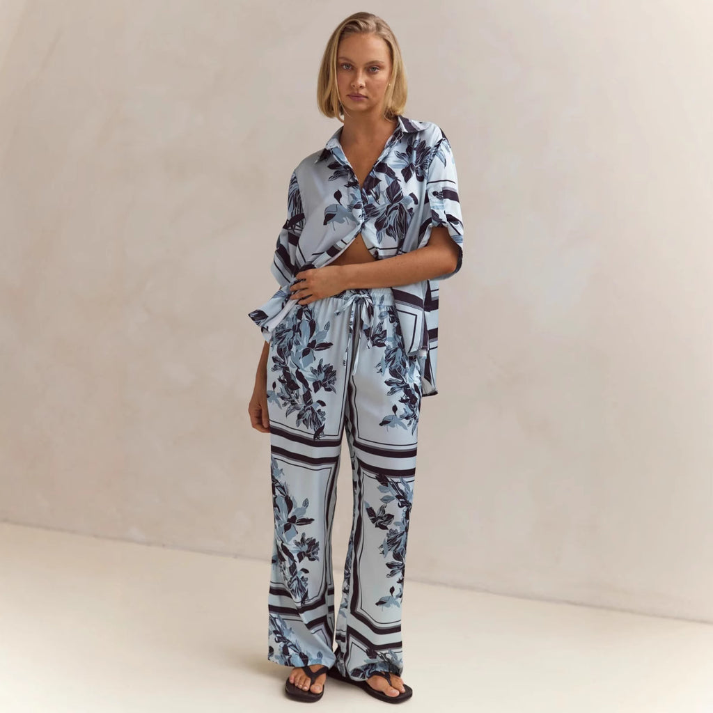 Summer Homewear Casual Printing Cardigan Shirt Trousers Set