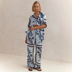Summer Homewear Casual Printing Cardigan Shirt Trousers Set
