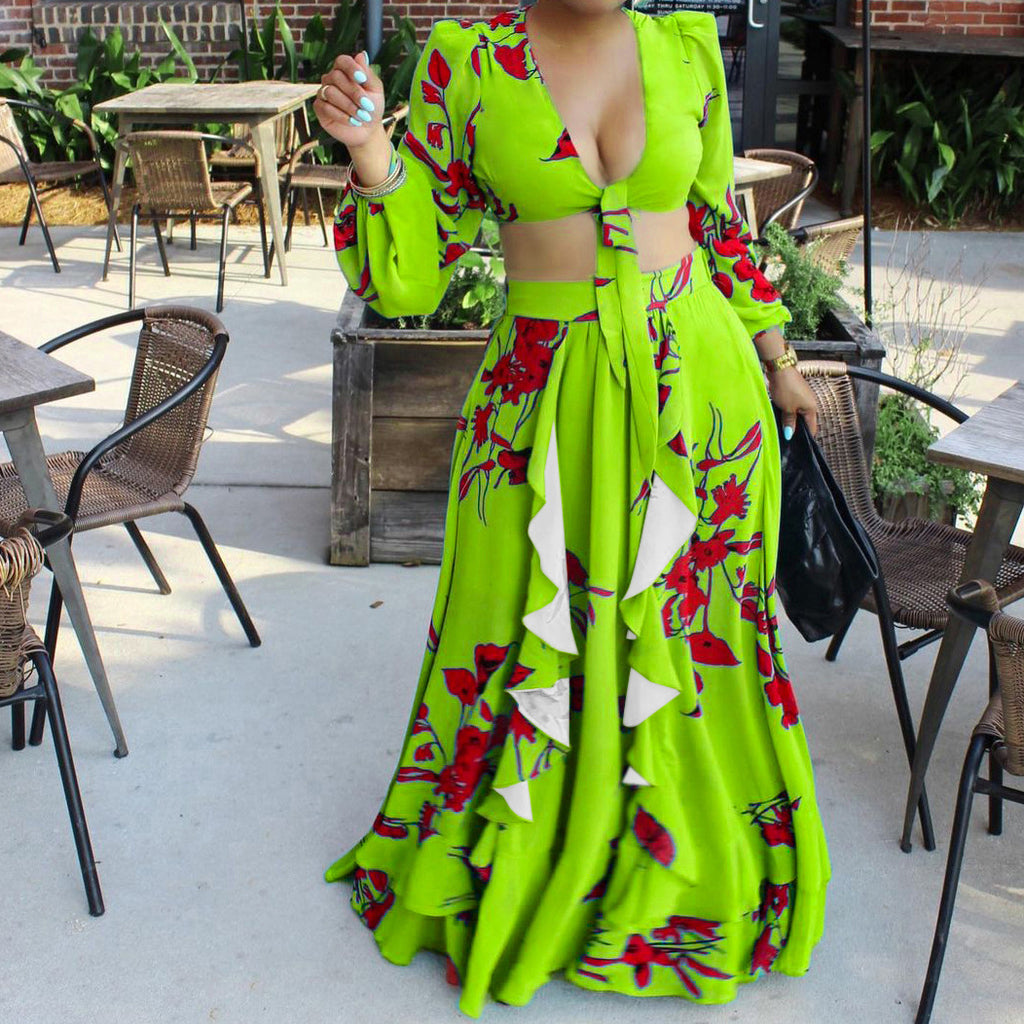 Women's Summer Printed Lace Up Top Skirt Two-Piece Set Outer Code Set