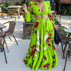 Women's Summer Printed Lace Up Top Skirt Two-Piece Set Outer Code Set