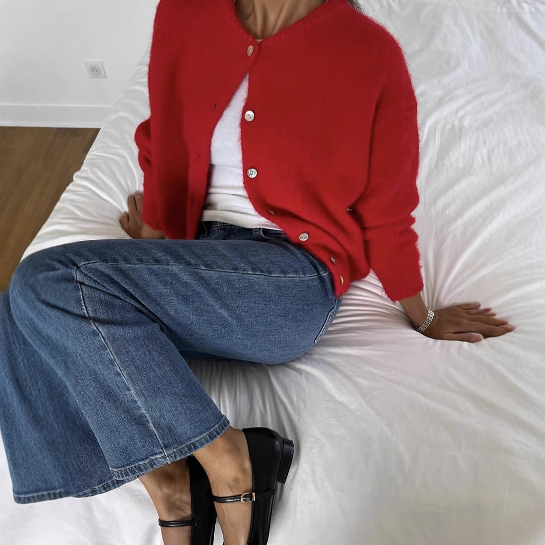 Women's White Soft Cardigan Retro Shell Button Gray Wool Coat