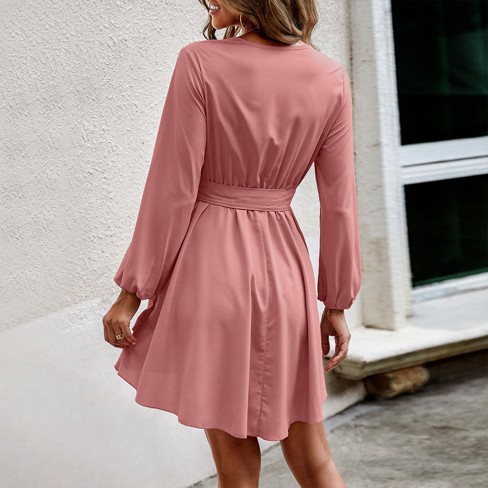 Elegant Dress Waist Lace Up Slimming V Neck Dress Women