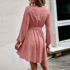 Elegant Dress Waist Lace Up Slimming V Neck Dress Women