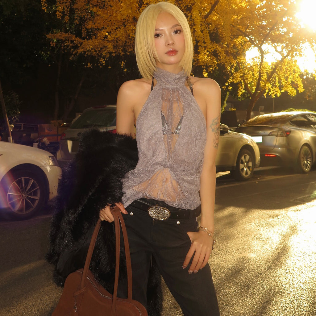 Women's Sheer Lace Halter Crop Top