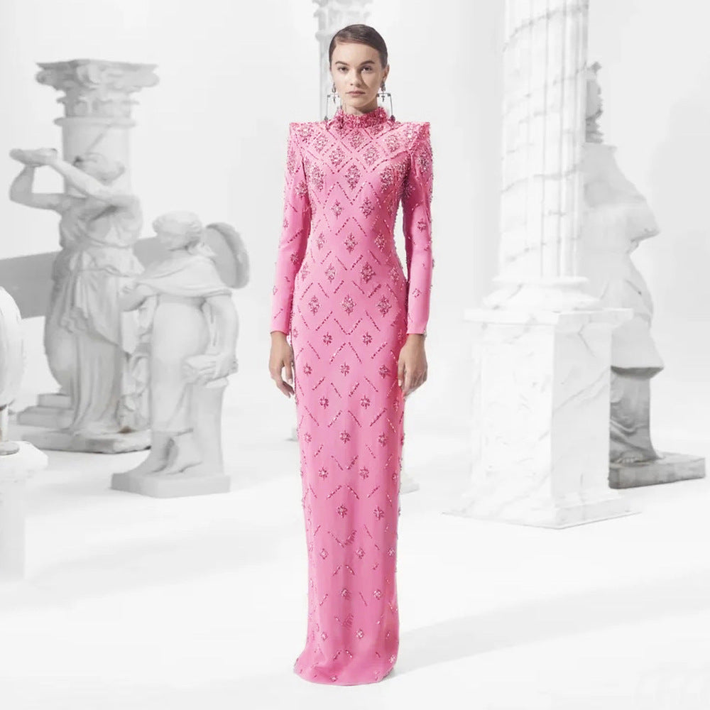 Women's Rhinestone Long-Sleeve Bandage Formal Dress