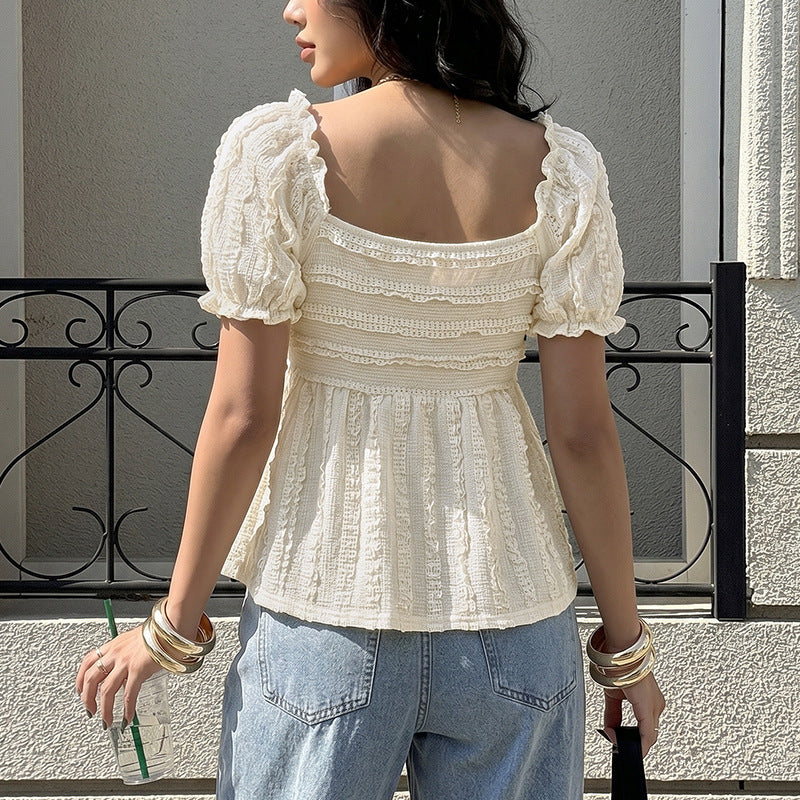 Solid Color V neck Jacquard Pleated Puff Sleeve Top