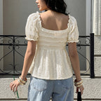 Solid Color V neck Jacquard Pleated Puff Sleeve Top