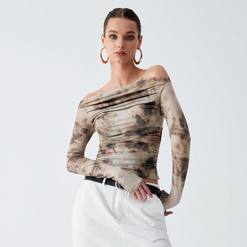 Women's Retro 3D Printed Sexy Off Shoulder Pleated Top Bare Cropped Slim Fit T Shirt Women Spring