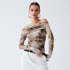 Women's Retro 3D Printed Sexy Off Shoulder Pleated Top Bare Cropped Slim Fit T Shirt Women Spring