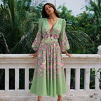 Women's Green Floral Long-Sleeve One-Piece Swimsuit