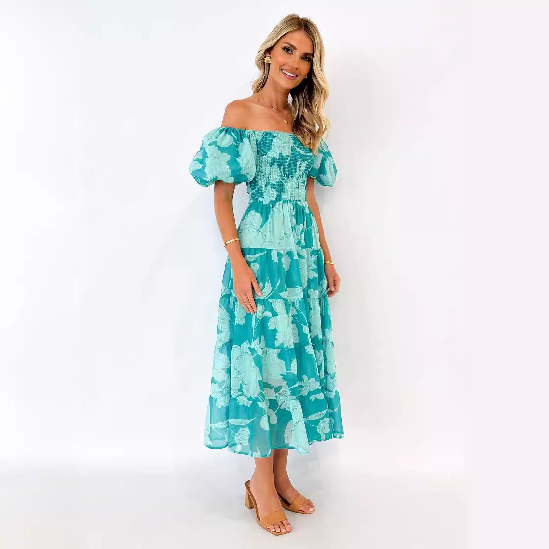 Green chiffon summer dress with off-shoulder neckline and puff sleeves, tiered floral skirt