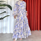 Floral High-Collar Belted Long-Sleeve A-Line Maxi Dress