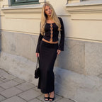 Women's Solid Color Long Sleeve Metal Buckle Cutout Top Slim Skirt