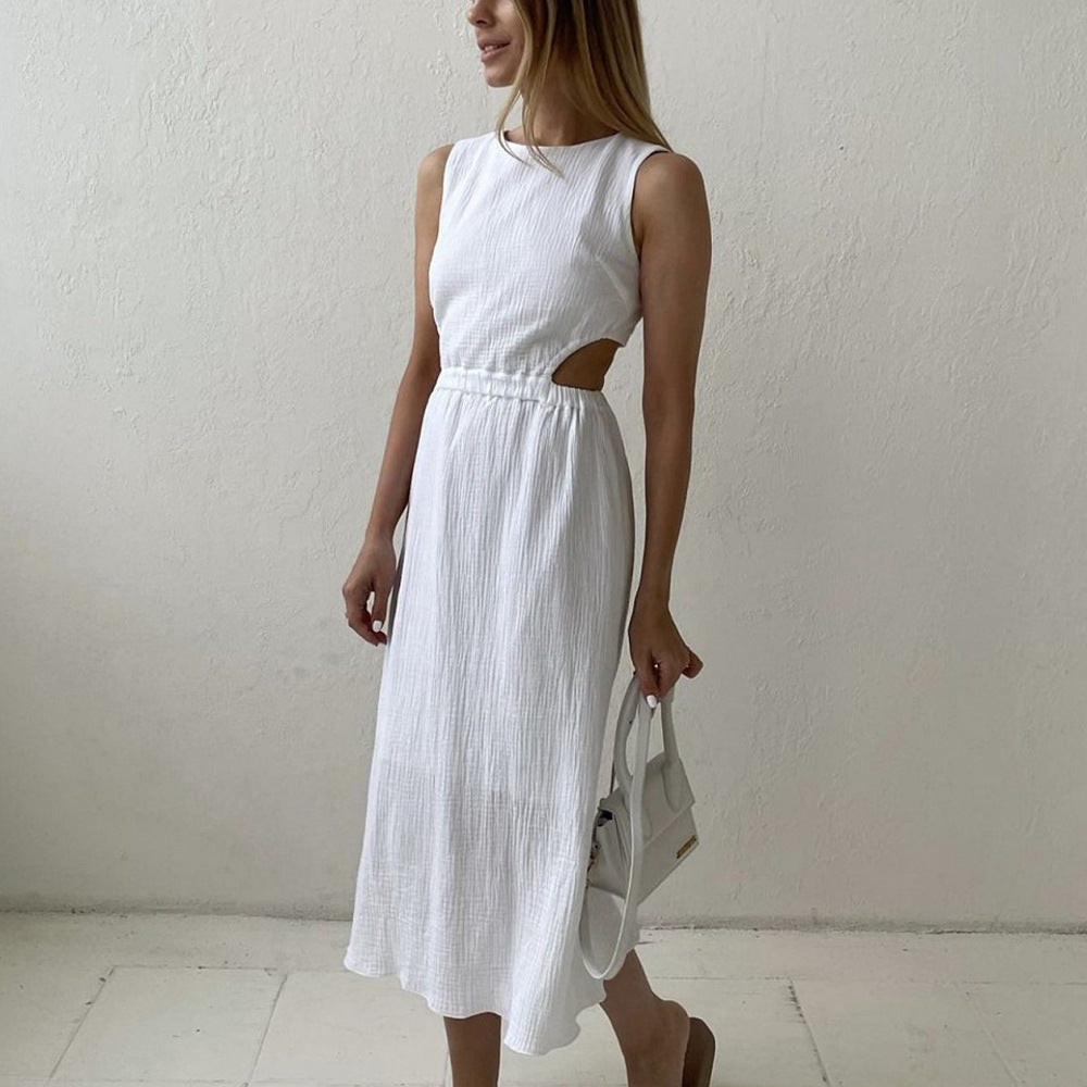 Cotton Crew-Neck Cutout Long-Sleeve A-Line Maxi Dress