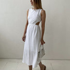 Cotton Crew-Neck Cutout Long-Sleeve A-Line Maxi Dress