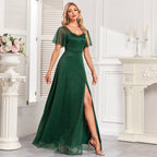 Women's Elegant Short Sleeve Square Collar Shiny Bright Tulle Evening Dress