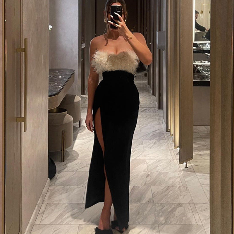Women's Winter Off Shoulder Furry Tube Top Slit Dress