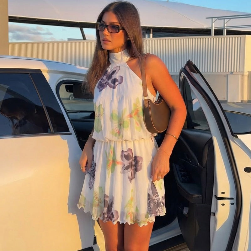Women's Summer Printed I Halter Fitted Waist Backless Lace up Dress