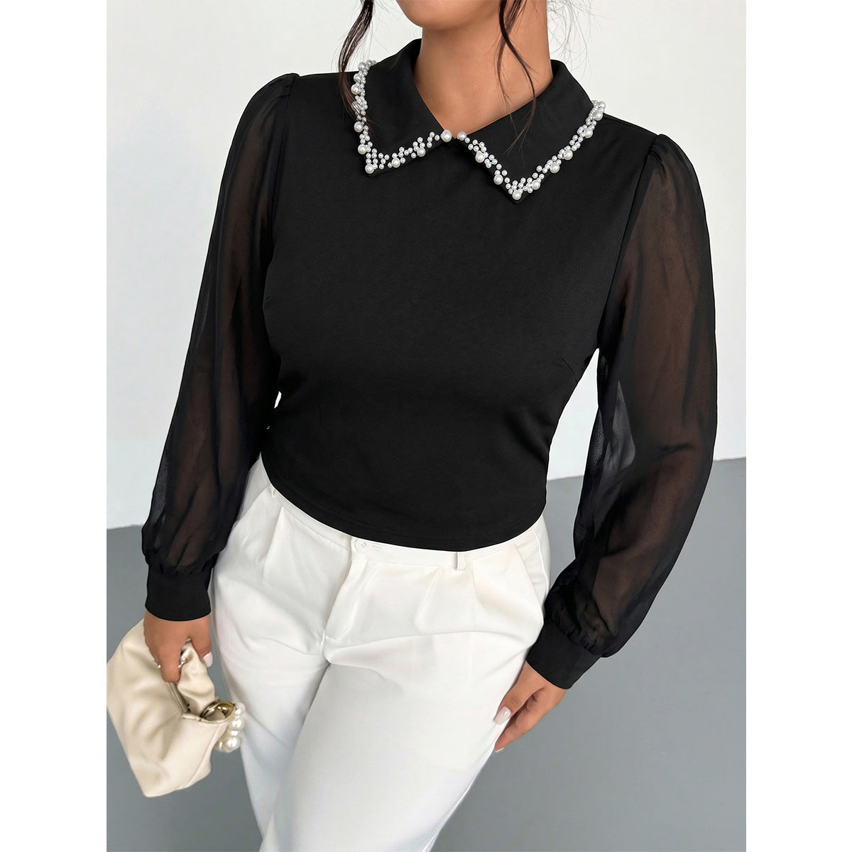 Women's Plus Size Slightly Pearl Collar Stitching Mesh Puff Sleeve Top Slim Short Elegant Black Shirt