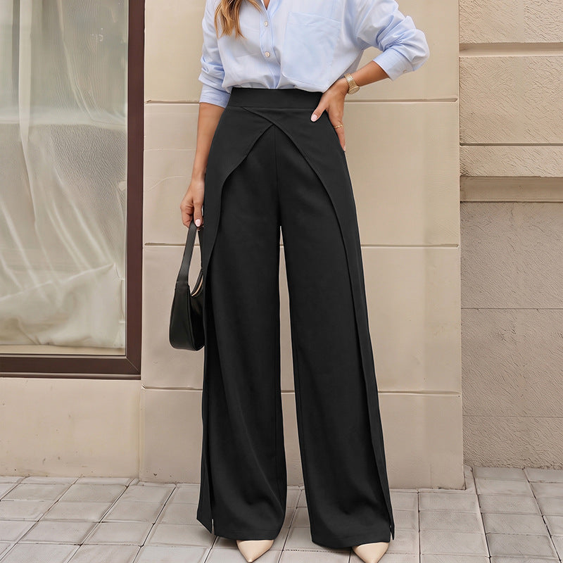 Women's Women Simple Black Cross Design Split Wide Leg Pants