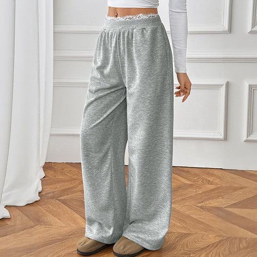Gray wide-leg sweatpants with lace-trim waistband, relaxed straight legs