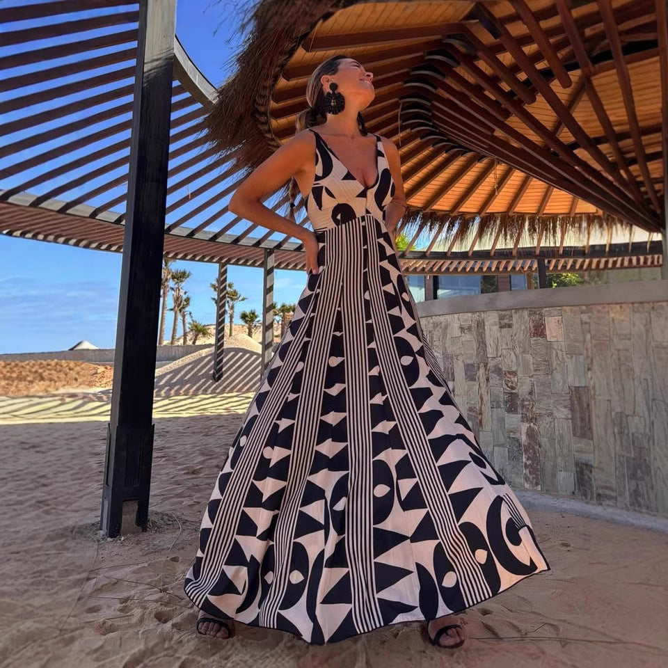 Geometric Print V-Neck Swing Dress
