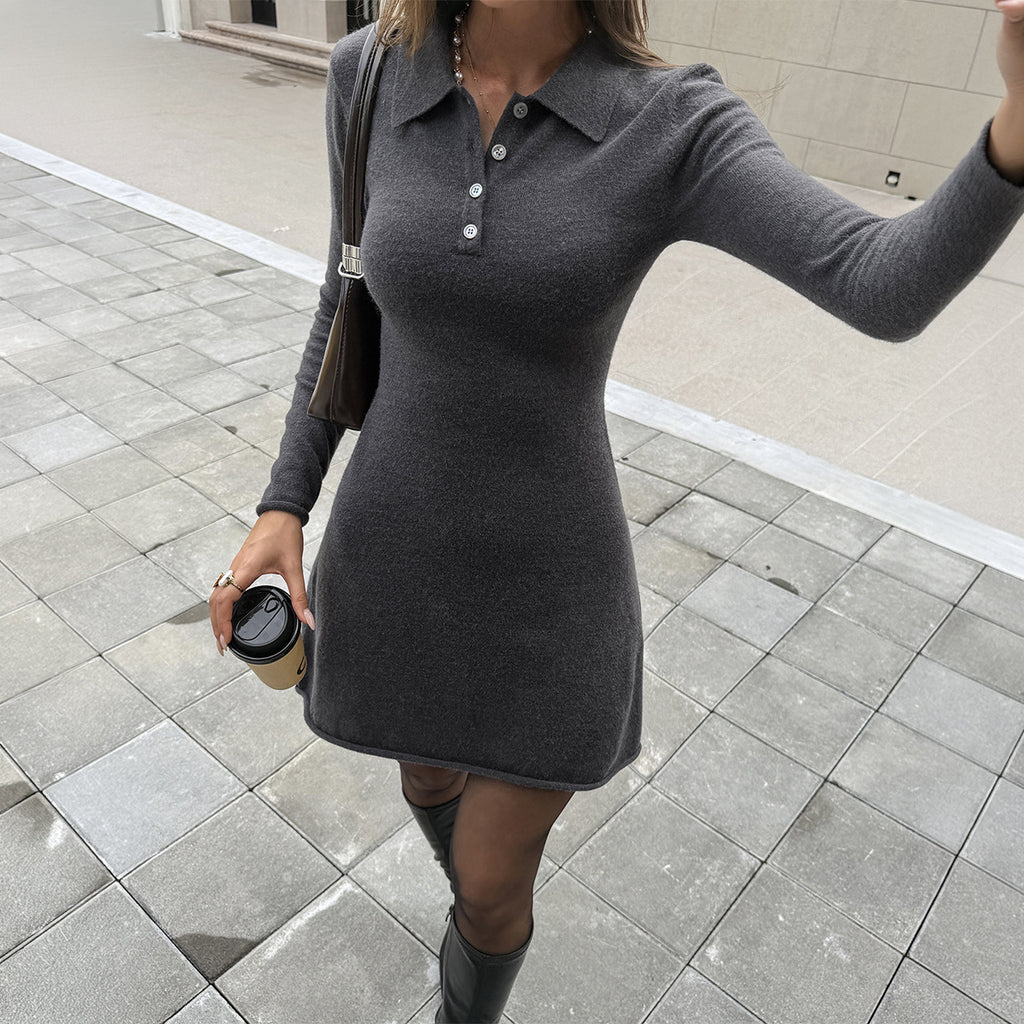 Women's Clothing Autumn Polo Collar Slim A Line Short Dress