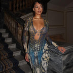 Buckle Low Collar Long Sleeves Back Slit Dress