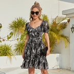 Women's V-Neck Puff Sleeve Backless Mini Dress